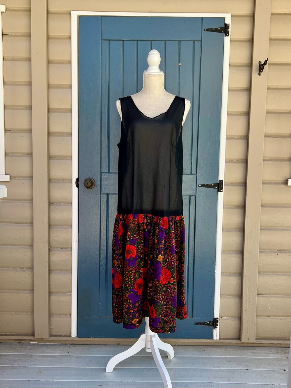 Vintage 1980s Drop Waist Floral Pleated Midi Dress - Size 16W (Made in USA)